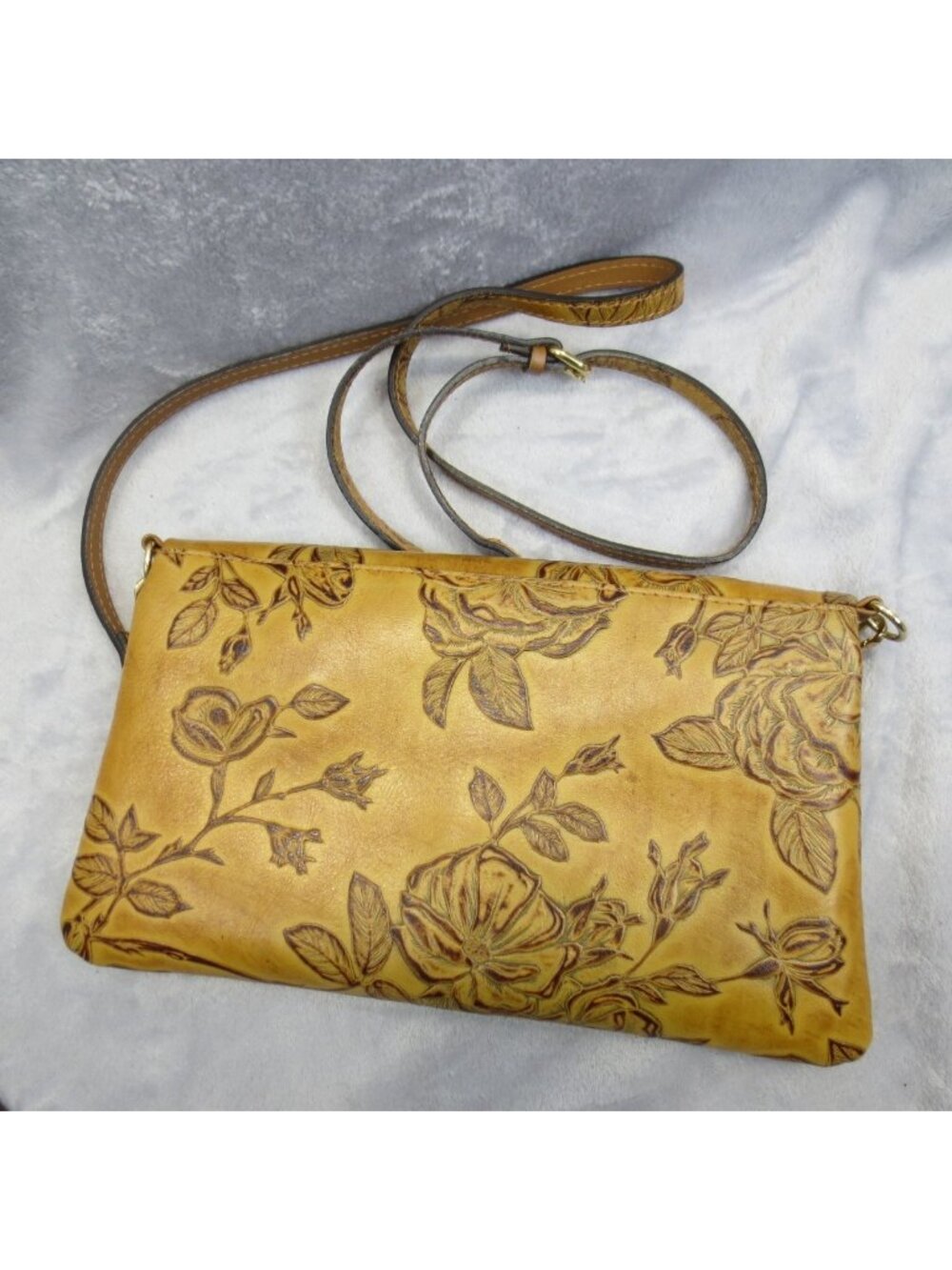 Cuoieria Fiorentina Genuine Tooled Leather Foldover Shoulder Bag Tan Flora Italy - Picture 3 of 16